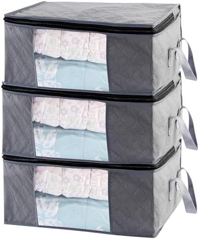 Storage Clothes Bins Closet Bags - 35L Containers Organizer Boxes Clothing Bin Organization for Organizing Blanket Pillow Sheet Sweater, Foldable Bedroom Small Storage Totes With Lids Zipper, 3pc Pack by Sodynee