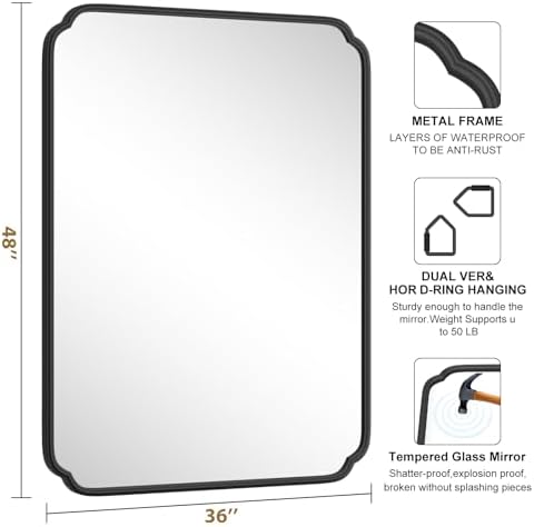 Ferytange 36 x 48 Inch Black Bathroom Vanity Mirror for Wall with Non-Rusting Metal Frame Large Rounded Rectangle Mirror for Over Sink (Horizontal/Vertical) - Image 4