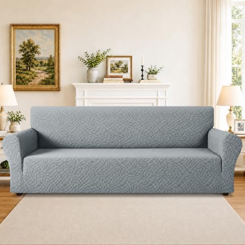 ZNSAYOTX 1 Piece Stretch Oversized Sofa Covers (91"-112"), New Plaid Couch Cover with Non-Slip Buckle for Dog Pets, Ultimate Soft Cozy Washable X-Large Sofa Slipcover Form Fit Protector, Light Grey - Image 2