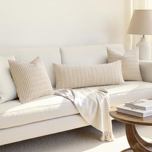 MIULEE Lumbar Corduroy Throw Pillow Cover for Bed 14x36 Cream White - Image 4