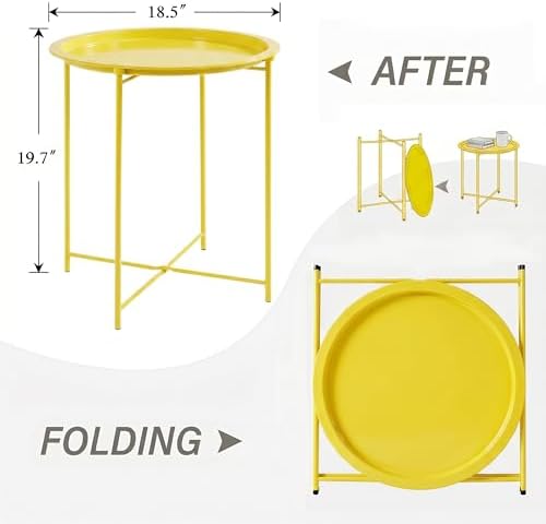 VECELO Side/End Table, Folding Round Metal Anti-Rust and Waterproof Outdoor or Indoor Tray for Living Room Bedroom Balcony and Office, 2 PCS, Yellow - Image 3