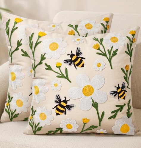 Embroidered Throw Pillow Covers 18x18 Inch, 2Pack, Flower Bee by Kokaaee