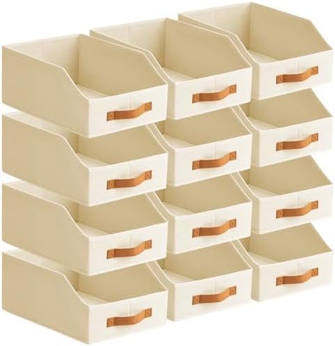 Homsorout Fabric Storage Bins for Organizing - 12 Pack Large Trapezoid Collapsible Storage Bins with Front Handle, Closet Organizers and Storage for Bedroom, Home Shelves, Small Spaces, Beige by Homsorout