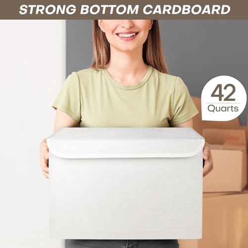 Bagnizer Large 42 Quarts Fabric Storage Bins with Lids [2-Pack] Linen Collapsible Foldable Storage Cubes, Closet Organizer Containers boxes with Handles for Home Office (16.7 x 12 x 12, White) - Image 6