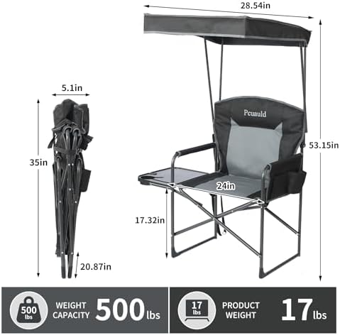Oversized Camping Chairs with Canopy Foldable Directors Chair with Side Table & Pockets Portable Adults Heavy Duty Outdoor Folding Chairs for Lawn, Beach, Picnic, Sports and Fishing, Supports 500lbs - Image 3