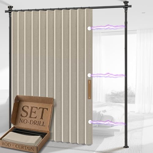 AJAZZ Room Divider Curtain (Cream White, W100 x L84 in,1 Panel)+ Curtain Rods No Drilling Adjustable Tension (H) 43-120×(W) 35-100 in, Heavy Duty Wall Divider for Apartment/Dorm by AJAZZ