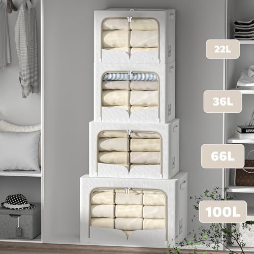 FHSQX 3 Pack Clothes Storage Bins - Foldable Metal Frame Storage Box - Stackable Linen Fabric Container Organizer Set with Carrying Handles and Clear Window (Cream White, 19.7x15.7x13inch(66L)) - Image 2