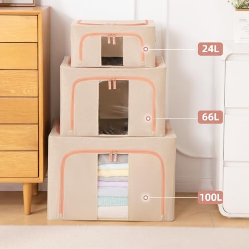 GuliPostan 3 Pack 100L Stackable Clothes Storage Bins with Metal Frame Handles & Zipper, Collapsible Closet Organizer Box with Lid for Bedding Blankets Towel (Beige) - Image 5