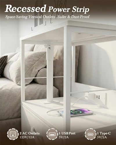 Faesun Swivel Lift Top Nightstand with Charging Station, Rolling Side Table for Recliner, Bedside Table with Wheels & 2 Fabric Drawers, for Small Spaces, for Bedroom, Living Room, White - Image 4