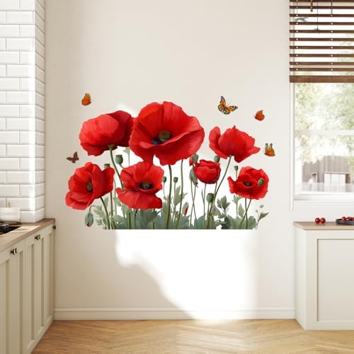ANNA QUEEN Red Poppy Flower Wall Decals with Butterflies | Peel and Stick Floral Wall Stickers – Removable Garden Bloom Vinyl Wall Art for Bedroom, Living Room, Hallway & Window Décor - Image 3