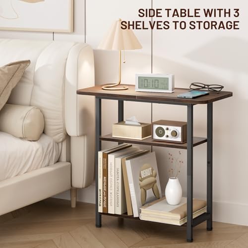 SLEEPING LAMB Side Table for Living Room, 3-Tier End Table for Small Space with Wide Storage Tabletop, Rustic Brown Narrow Nightstand for Bedroom, Sofa Couch - Image 5