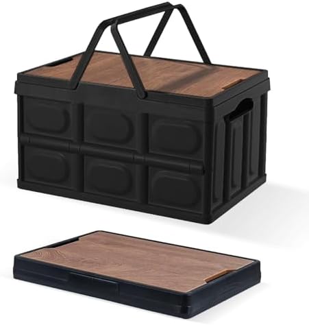 2 PSC Collapsible Storage Box with Lid, 13 Gallon Foldable Storage Bin with Wood Grain Top, Portable Organizer Tote with Handles for Car Trunk, Camping, RV, Grocery Shopping, Home Storage, Black by CSBXC