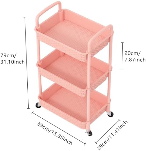 MOYIPIN 3-Tier Plastic Rolling Utility Cart with Handle,Utility,Pink - Image 2