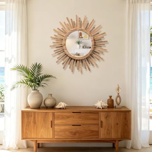18 Inch Boho Sunburst Mirror, Round Wooden Wall Decor Starburst Sun Mirror for Bedroom, Living Room, Bathroom, Hallway, Balcony, Farmhouse Entryway, Housewarming Gift（Rustic Brown - Image 2