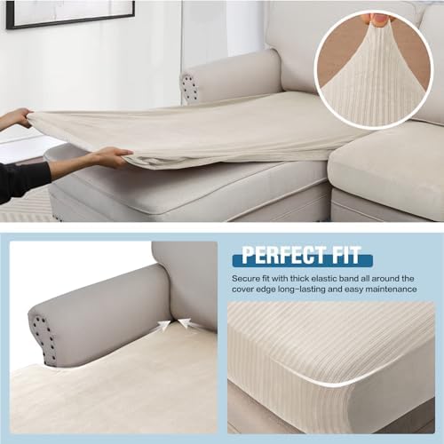 H.VERSAILTEX Velvet Stretch Sectional Couch Covers - 4 Piece Set, L Shape, Ivory Striped (Large Sofa 3 Seater + 1 Chaise) - Image 4