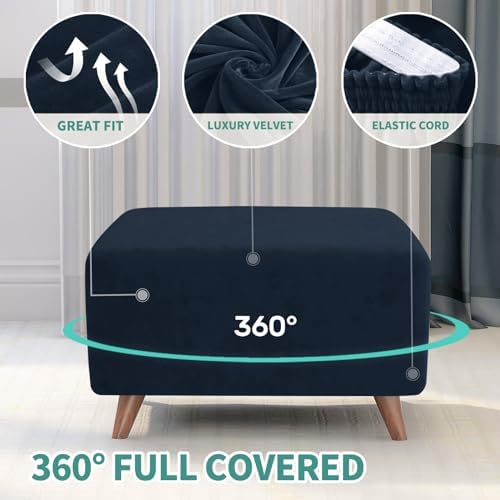 MAXIJIN Velvet Ottoman Cover Rectangular Stretch Square Ottoman Covers Slipcover Rectangle Washable Foot Stool Cover Thick Storage Protector with Elastic Bottom (Ottoman XX-Large, Navy Blue) - Image 4