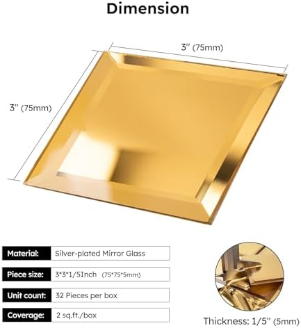Diflart Peel and Stick Mirror Backsplash, Gold, 3x3 Inch, Beveled Mirror Square Kitchen Bar Wall Tile (2 Sq.ft, 32 Pcs) - Image 2