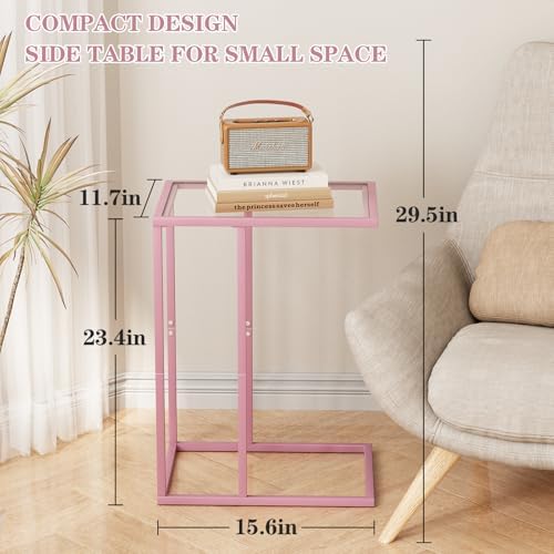 C Shaped End Table Set of 2, Small Side Couch Sofa Tables for Living Room,Glass Tv Tray Snack Dinner Table with Metal Frame, Easy Assembly (Pink) - Image 3