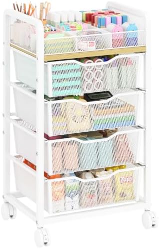 Hongtamoya Rolling Cart with 4 Drawers, Storage Cart with Dividers, White by Hongtamoya