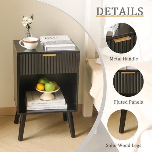 Fultyle Black Fluted Nightstand, Modern Bedside Table with Drawer and Shelf - Image 5