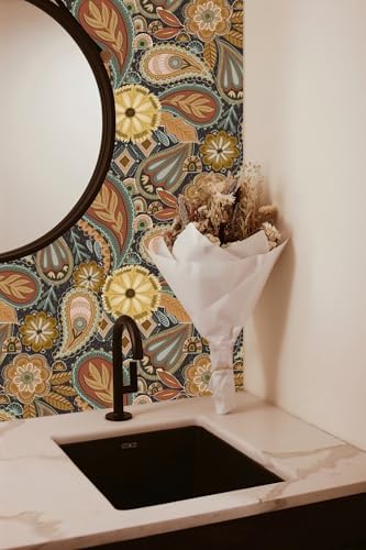HAOKHOME Boho Peel and Stick Wallpaper Floral Paisley Brown/Yellow/Terracotta Renter Friendly Removable Wall Paper for Bedroom Decor 17.3in x 9.8ft - Image 3
