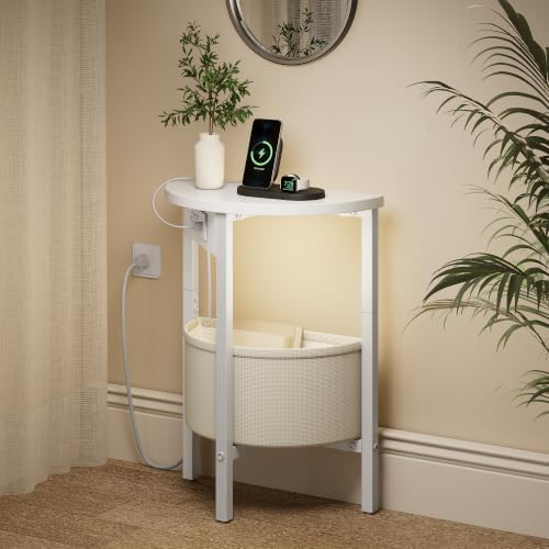 Vagusicc Round Side Table with Charging Station, Round End Table with Fabric Basket, Accent Table Coffee Table, Set of 2 Half Moon Tables, Bedside Table, Modern LED Nightstand for Living Room, White - Image 2