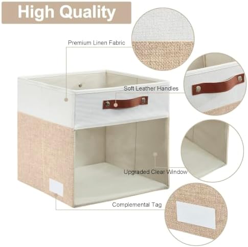 Bagnizer Storage Cubes, 4 Pack Linen Foldable Storage Bins (13 x 13 inch) with Clear Window and Handles, Fabric Organizer for Shelf Closet, Clothes, Books - (Beige and White) - Image 4