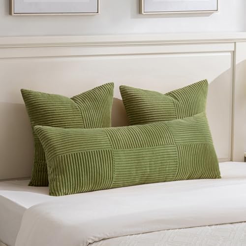 Fancy Homi 2 Packs Moss Green Euro Decorative Throw Pillow Covers 28x28 Inch for Bedroom Couch Bed, Farmhouse Boho Home Decor, Soft Corss Corduroy Patchwork Textured Square Cushion Case 71x71 cm - Image 5