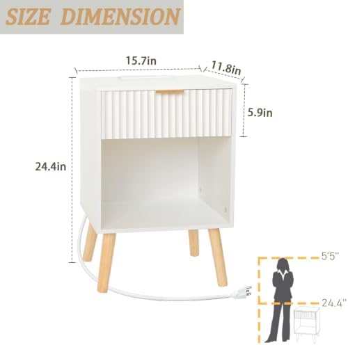 Fultyle White Nightstand with Charging Station, Fluted Bedside Table - Image 3