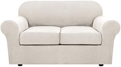 H.VERSAILTEX 3 Piece Stretch Sofa Covers for 2 Cushion Loveseat Couch Covers for Living Room Sofa Slipcovers (Base Cover Plus 2 Seat Cushion Covers) Thicker Jacquard Fabric(Medium Sofa, Ivory) by HVERSAILTEX