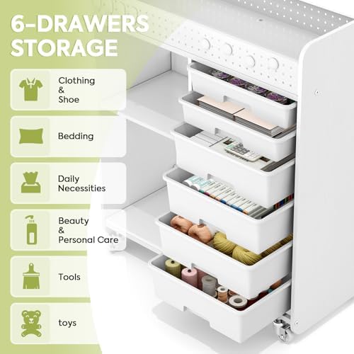 Rolling Craft Cart with 6 Drawers, Pegboard and Locking Wheels White - Image 5