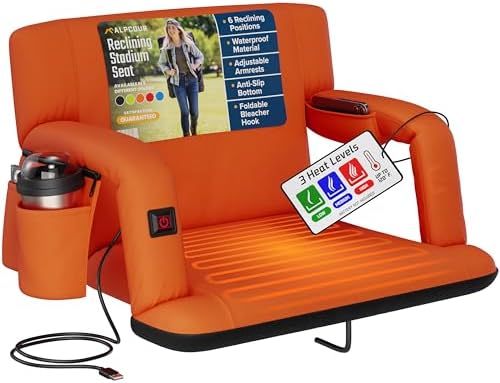 Alpcour Heated Reclining Stadium Seat for Bleachers – Wide Bleacher Chair with Back Support and Cushion, Armrests, Side Pockets, & Hook – Stadium Seats Chairs for Camping, Kayak, Paddle Board & More by Alpcour