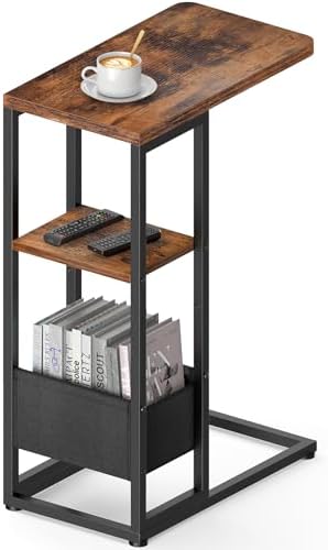 C Shaped End Table, Small Side Table for Couch, Recliner, Slide Under Sofa Tray Desk Snack Tables with Storage Bag for Living Room,Bedroom, Small Spaces - Rustic Brown by designyourhome