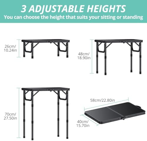 VINTEAM Camping Folding Table with Adjustable Height, Lightweight Portable Outdoor Picnic Table, BBQ Grill Side Table, Durable Aluminum Frame, MDF Desktop for Camping, Fishing, RV, Beach (Black) - Image 2