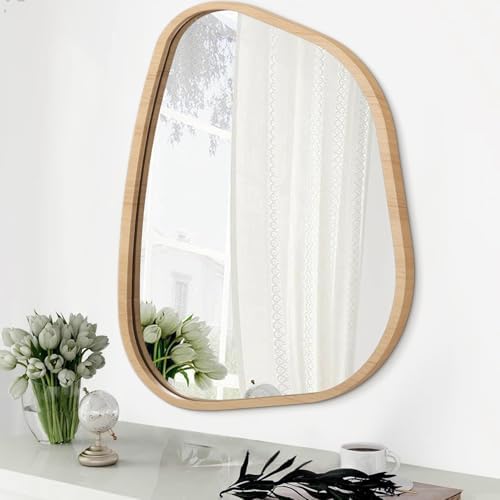 Irregular Bathroom Mirror Modern Wall Mirror Asymmetrical Wooden Framed Wall Mirror Unique Shape Wall Mounted Vanity Artistic Mirror Decor for Living Room Bedroom Entryway Large 26"x18" by HLFMVWE