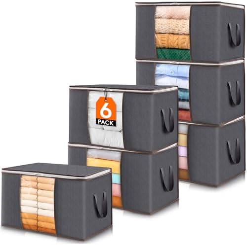 Lifewit 6 Pack Clothes Storage Bins with Lids, Foldable Blanket Storage Bags with Zippers, Clear Window and Reinforced Handles, Closet and Organization for Clothing, Sweater, Comforter, Bedding by Lifewit