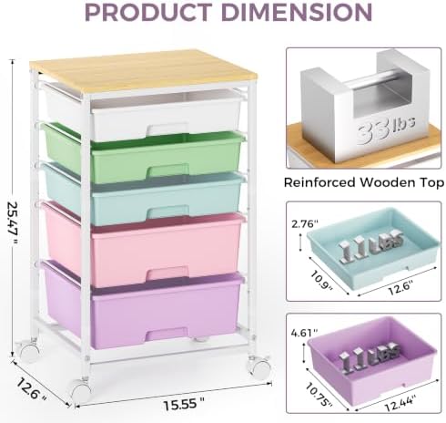 SYKIARIOL 5-Tier Rolling Cart with Drawers with Wooden Top, Ice Cream - Image 3