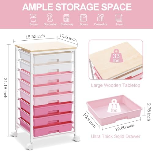 SYKIARIOL Rolling Cart with Drawers,Utility Cart with 8 Drawers,Rose Pink - Image 6