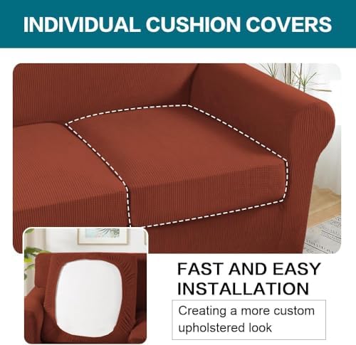 Turquoize 4 Piece Sofa Covers for 3 Cushion Couch Sofa Slipcover Soft Couch Cover for Dogs Washable Furniture Cover with 3 Individual Large Cushion Covers Feature Fabric (Large Sofa, Rust) - Image 5
