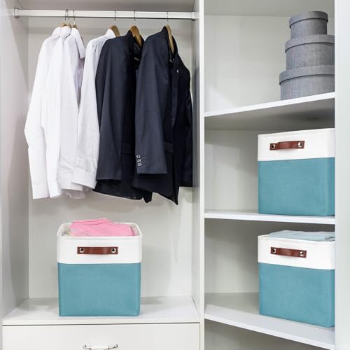 Bagnizer Collapsible Fabric Storage Cubes 11x11 Cube Storage Bins, 4 Pack Closet Baskets Box with Handles for Organizing, Shelf, Toys, Clothes, Home, Office, Nursery (Teal&White) - Image 2