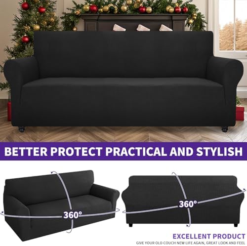 ZNSAYOTX Super Stretch Couch Cover (72"-92") Universal Sofa Covers with Elastic Bottom, Dog Cat Pets Friendly Washable Furniture Protector Fitted Sofa Slipcovers Stay in Place (Black, Sofa) - Image 2