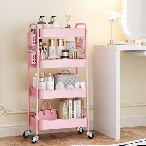 TOOLF 4 Tier Rolling Cart, Metal Utility Storage Cart with Pegboard, Pink | 2 Bins & 4 Hooks, Screwless Assembly, Lockable Wheels, Trolley Organizer for Bathroom, Kitchen, Office, Dorm, Craft Room - Image 3
