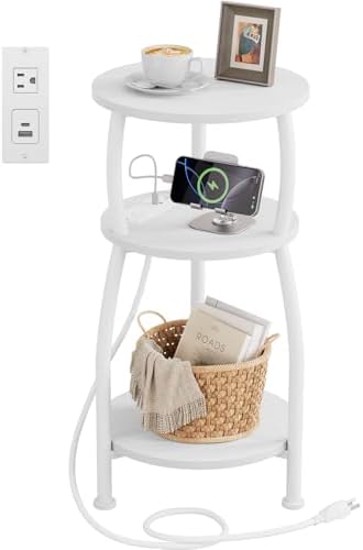 Round Side Table with Charging Station, Small Spaces Nightstand by designyourhome