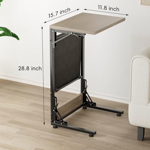 Folding TV Tray Table, 28.8" Tall C-Shaped Side Table for Couch and Bed, Slide Under Sofa Side Desk with Storage Bag - Sturdy Metal Frame Tray for Living Room, Bedroom, Home & Office (Oak Gray) - Image 3