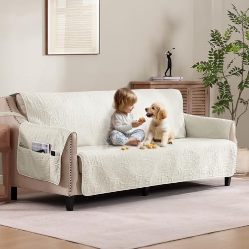 Quilted Grand Sofa Covers Washable, Couch Cover for Grand Leather Sofa, Soft Cozy Couch Protector for 4 Cushion Couch, Oversized Grand Sofa Slipcovers Water-Repellent (Grand Sofa 88", Ivory White) by Pamhaven