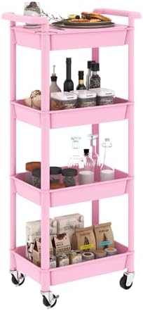 STEEHOOM Utility cart with Tabletop 4 Tier Rolling Cart Organizer with Wheels Movable Storage Cart for Office, Living Room, Kitchen, Craft Room, Pink by Steehoom