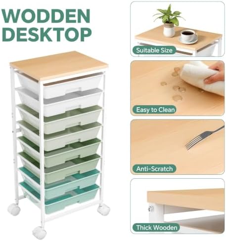 Ekisemio Utility Cart Organizers with Wheels and 8 Drawers, Little Rolling Craft Cart with Wooden Tabletop for Classroom, Office, Living Room, Craft Room, Green - Image 5