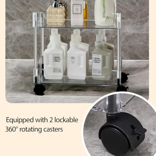 Betoveren 2 Tier Utility Rolling Cart Storage Organizer with Wheels Under Desk Mobile Bathroom Cart Organizer for Office Bathroom Home Kitchen Organization Transparent (Width 8.85 Inches) - Image 6