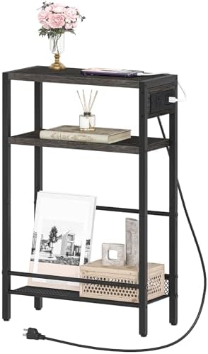 HOOBRO Small Narrow Side Table with Charging Station, Skinny End Table for Small Spaces, Slim Nightstand with USB Ports Outlet, Sofa Beside Table with Storage Shelf, Charcoal Black BC102UBZ01 - Image 4