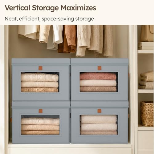 Homsorout Storage Bins with Lids - Front Opening Storage Box with Clear Window & Handles, Stackable Foldable Fabric Bins for Closet Organization, Clothes, Sweaters, Towels, Blankets, 6 Pack, Grey - Image 4
